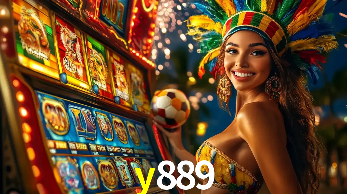 Mulher com um cocar de carnaval ao lado de uma máquina de caça-níqueis enquanto segura uma bola de futebol, mostrando a união da diversão de cassino e esportes no y889.