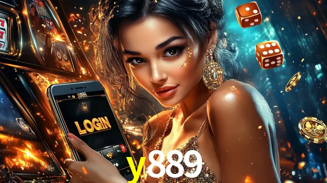 Mulher glamourosa segurando um celular com a tela de login do cassino y889, rodeada por dados e moedas douradas, pronta para começar a diversão.