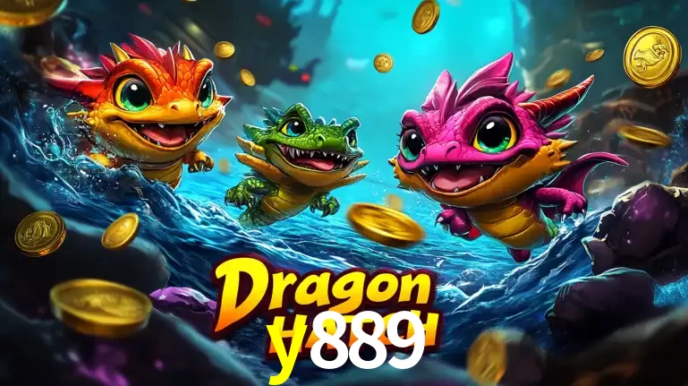 Arte promocional do jogo Dragon Hatch com três adoráveis dragões bebês nadando entre moedas de ouro, um dos slots mais divertidos para jogar no cassino y889.