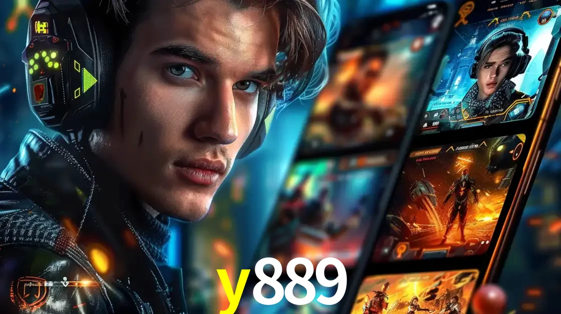 Jovem jogador com fones de ouvido olhando para a câmera, com um aplicativo de jogos e e-sports para celular ao fundo, pronto para a competição e apostas no y889.