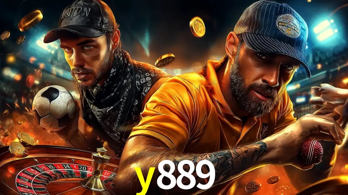 Montagem de apostas esportivas e cassino no y889, com um homem segurando uma bola de futebol e outro uma de beisebol sobre uma roleta e moedas voadoras.
