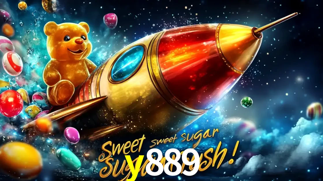 Arte promocional do jogo de slot Sugar Rush, com um urso de pelúcia em um foguete viajando pelo espaço de doces, um dos jogos divertidos disponíveis no cassino y889.