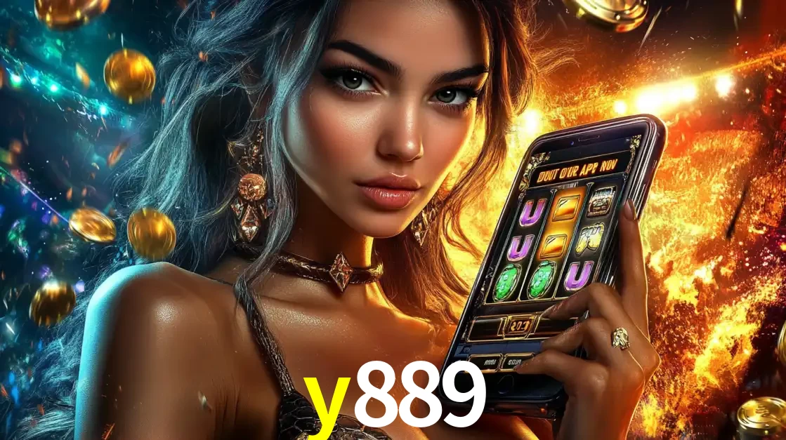 Mulher elegante mostrando um jogo de caça-níqueis em seu smartphone, destacando a experiência de cassino móvel oferecida pelo aplicativo y889.