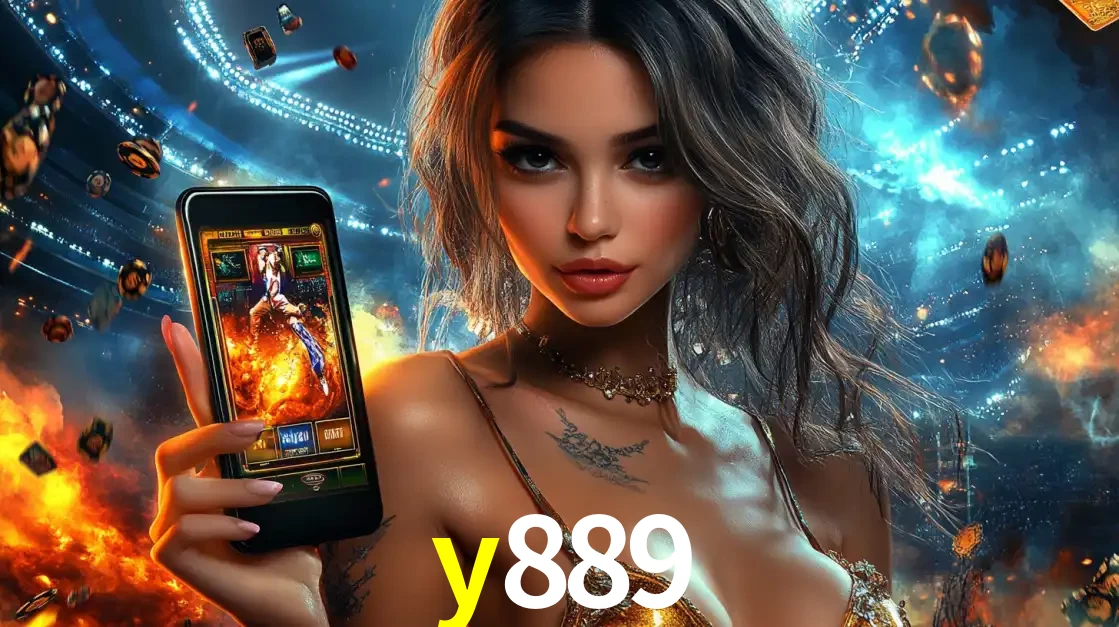 Mulher segurando um celular com um jogo de slot em destaque, tendo como fundo um estádio vibrante, simbolizando a emoção de jogar no cassino móvel y889.